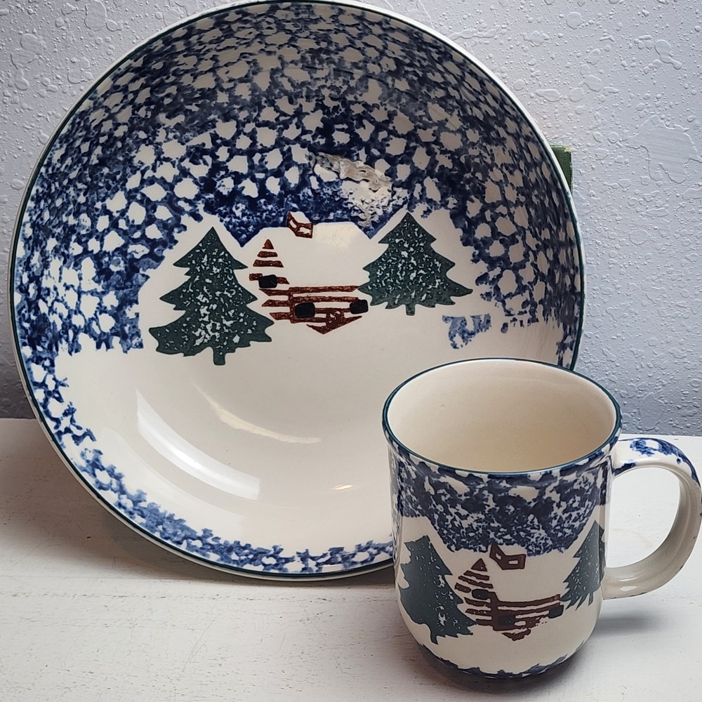 Vintage Tienshan Folk Craft "Cabin in the Snow" Bowl & Mug Blue‎ White Winter